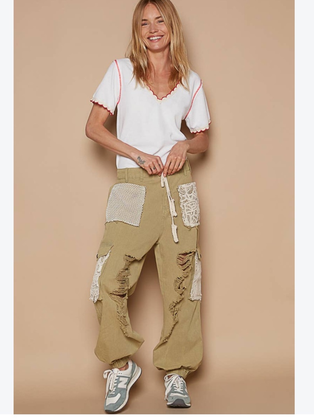 POL Cream Distressed Patchwork Cargo Pants - Picture 11 of 11
